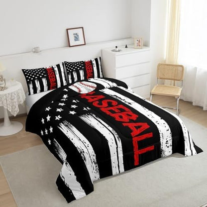 Erosebridal American Flag Bedding King Red Baseball Print Comforter 3pcs Kids Sports Gaming Bedding Comforter Sets for Boys Baseball Quilt Retro Stripes Bedroom Set for All Seasons with 2 Pillowcase
