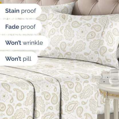 Full 4 Piece Floral Sheet Set - Soft, Breathable & Cooling - Taupe Paisley