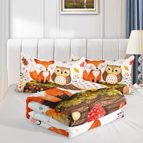 Cute Woodland Fox Owl King Size Comforter Set with 2 Pillowcases.