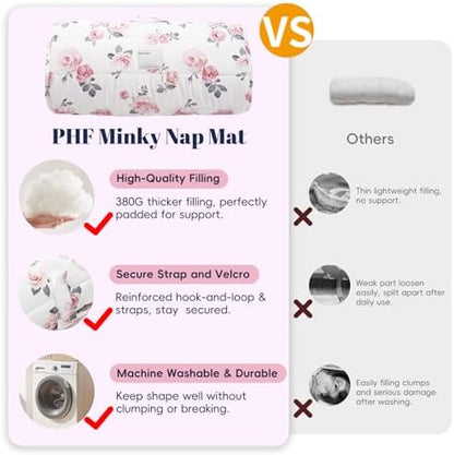 PHF Toddler Nap Mat with Removable Pillow and Minky Blanket, Rollup Design Kids Sleeping Mat, Slumber Bags for Girls, 50"x20" Toddler Sleeping Bag for Daycare Preschool Travel Camping, Floral