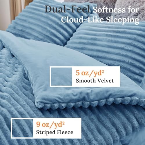 Sasttie Fluffy Full Comforter Set, 3 PC Soft Fleece Bedding, Greyish Blue