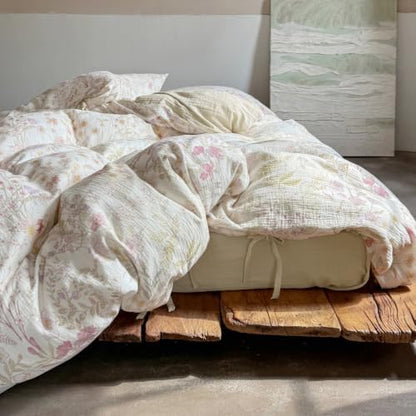 VM VOUGEMARKET Cottagecore Wildflower Duvet Cover Set Twin,Luxury Crinkled Double Layer Cotton Bedding Bedding Set,Lightweight Breathable Floral Comforter Cover for Girls Women