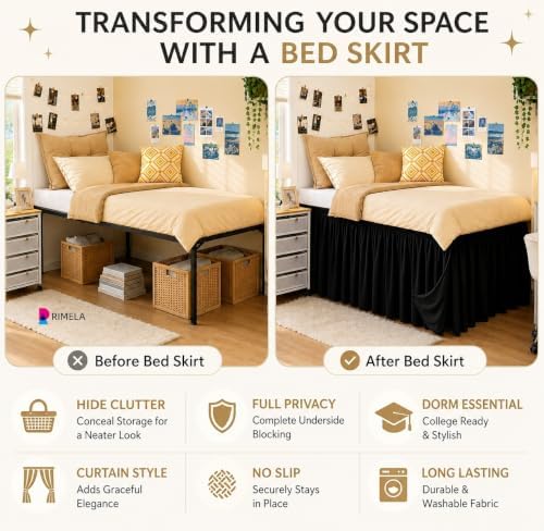 Dorm Room Bed Skirt Twin XL 22" Drop, College Split Corner Bedskirt, Black