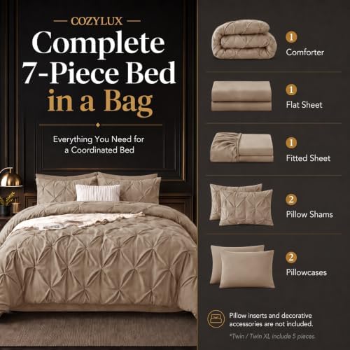 CozyLux Queen Comforter Set Khaki, 7 Pieces Pintuck Bed in a Bag