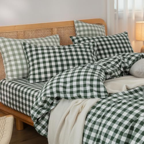 BESTOUCH Gingham Cotton Duvet Cover Set Green Queen