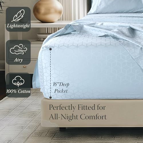 Threadmill 400TC Egyptian Cotton Queen Sheet Set, Damask, Light Blue