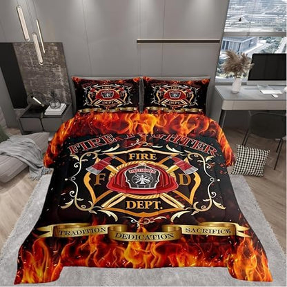 Firefighter Theme Comforter for Boys Kids,Burning Flame Comforter Set Queen Size Home Decor,Soft Fireman Sign Bedding Set,Red and Black Teens Bedroom Down Duvet,1 Comforter with 2 Pillowcases
