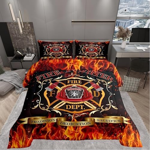 Firefighter Theme Children Comforter Set,Burning Flame Bedding Set for Kids Boys,Adults Soft Fireman Sign Comforter,Teens Red and Black Quilted Duvet Set Bedroom Collection King Size 3Pcs