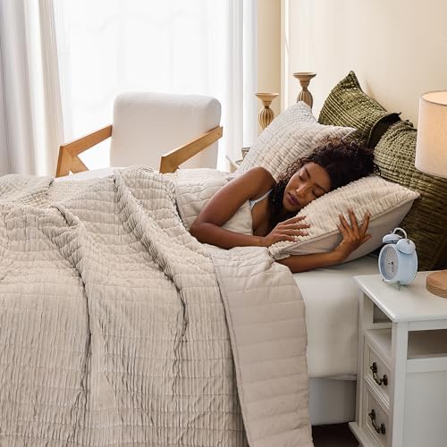 Wonderful Corduroy Texture Beige Quilt Set Queen - Hypoallergenic Skin-Friendly Soft Plush Velvety Touch Bedspread, Classic Vertical Striped Lightweight Coverlet for All Season, 94"x94"