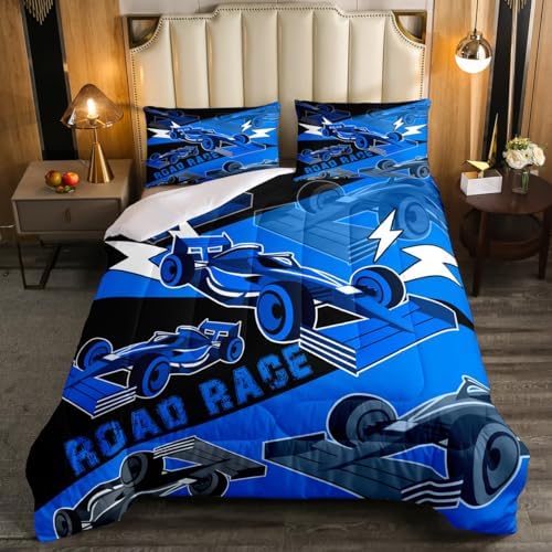 Erosebridal Race Car Twin Size Bedding Set for Boys Sports Car Comforter Set Cool Racing Car Bed Set for Boys Girls Kids Toddler,Black Blue Race Cars Gamer Bedding Sets Car Bedroom Decor 2Pcs