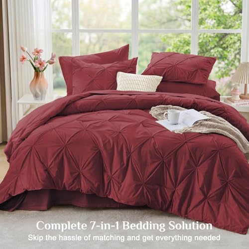 JOLLYVOGUE Full Size Comforter Sets 7 Pieces - Bed in a Bag Full for All Season, Pintuck Bedding Comforter Sets with Comforter, Flat Sheet, Fitted Sheet and Pillowcases & Shams, Burgundy