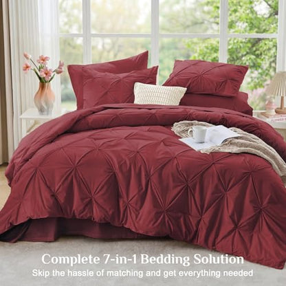 JOLLYVOGUE Full Size Comforter Sets 7 Pieces - Bed in a Bag Full for All Season, Pintuck Bedding Comforter Sets with Comforter, Flat Sheet, Fitted Sheet and Pillowcases & Shams, Burgundy