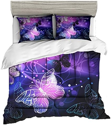 Sunnycitron Butterfly Comforter Set for Girls 3D Purple Butterfly Bedding with Comforter Full Size Girls Neon Butterflies Purple Bed comforters Full,1 Comforter + 2 Pillowcases