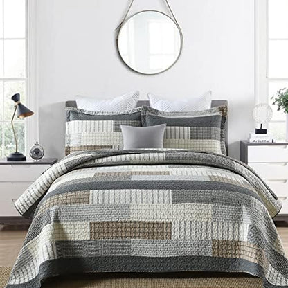PERHOM Quilt Queen Size - 100% Cotton Farmhouse Rustic Queen Quilt Set, Cabin Bedding Set Bedspreads, Lodge Lightweight Patchwork Plaid Quilted Comforter for Queen Bed, Grey/Brown/Beige
