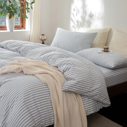 FOSSA Striped Duvet Cover Set 100% Washed Cotton Linen Feel Full