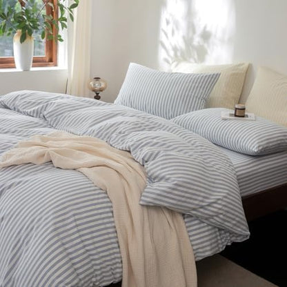 FOSSA Striped Duvet Cover Set 100% Washed Cotton Linen Feel Full