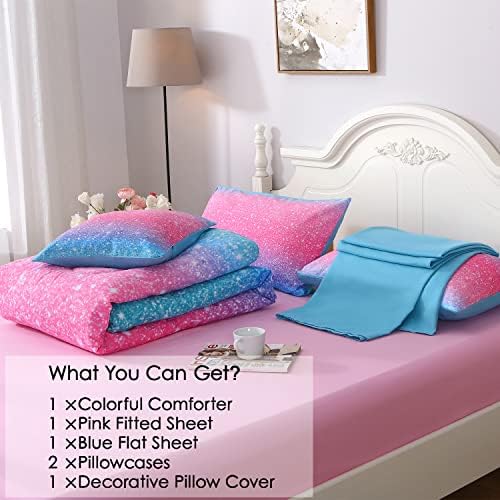 JQinHome Glitter Comforter Set Queen Size, 6 Piece Bed in A Bag 3D Colorful Duvet Pink Blue Bedding Set for Girls Women (1 Comforter,2 Pillowcases,1 Flat Sheet,1 Fitted Sheet,1 Cushion Cover)