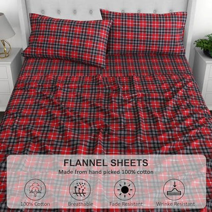 RUVANTI Flannel Sheets Queen Size, Red Plaid