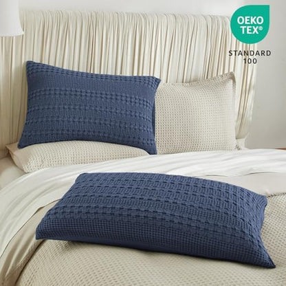 PHF Cotton Waffle Pillow Shams King Size 20" x 36", Indigo, No Insert