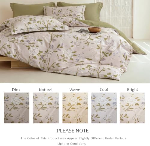King Comforter Set 3 Pieces, 100% Cotton Light Grey Botanical Floral Bedding Set for All‑Season, Soft Hypoallergenic Comforter with 2 Pillow Shams