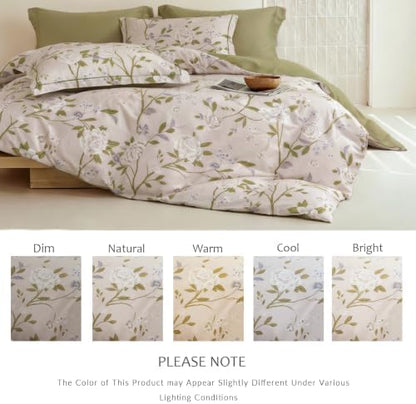 Queen Comforter Set 3 Pieces, 100% Cotton Light Grey Floral Bedding Set for All‑Season, Soft Hypoallergenic Comforter with 2 Pillow Shams
