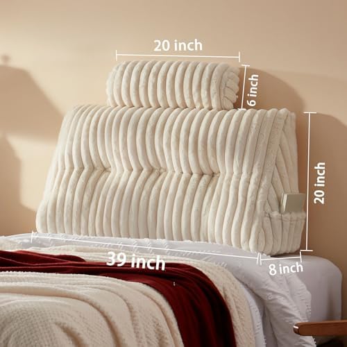 Rycwola Faux Fur Headboard Pillow with 1 Pack Neck Roll Pillow Large Headboard Pillow Soft and Supportive with Removable Cover (Beige, Twin)