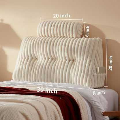 Rycwola Faux Fur Headboard Pillow with 1 Pack Neck Roll Pillow Large Headboard Pillow Soft and Supportive with Removable Cover (Beige, Twin)