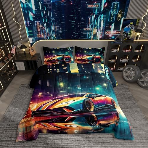 Erosebridal Racing Sports Car Queen Comforter Set for Kids Teens Adults,Cool Speed Car Bedding Set,Extreme Sport Games Duvet Insert,City Night Scene Bed Set for All Season