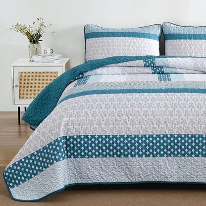 WONGS BEDDING Teal Blue Queen Size Quilt Set, Boho Striped Bedspread