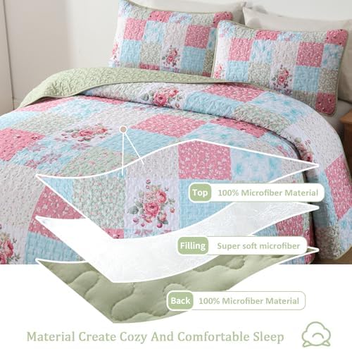 Mybedsoul Boho Quilts Queen Size, Patchwork Bedding Set, Blue Pink