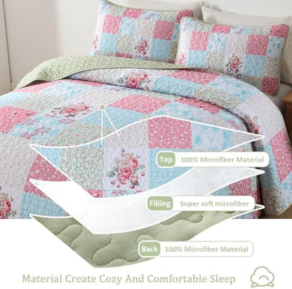 Mybedsoul Boho Quilts Queen Size, Patchwork Bedding Set, Blue Pink