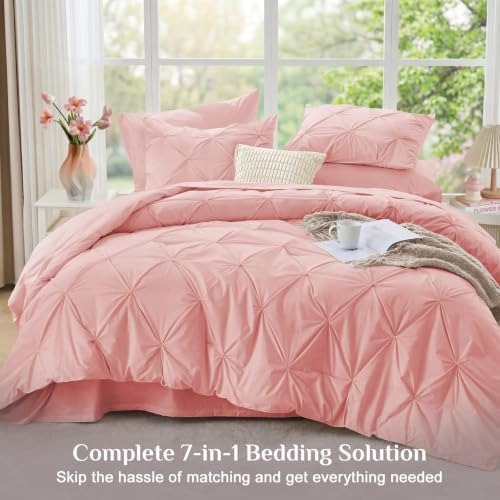 JOLLYVOGUE Queen Comforter Set 7 Pieces - Bed in a Bag Queen for All Season, Pintuck Bedding Comforter Sets with Comforter, Flat Sheet, Fitted Sheet and Pillowcases & Shams, Pink