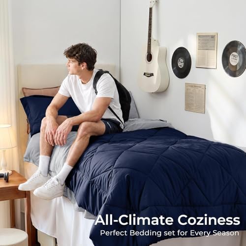 HEVUMYI 5-Piece Twin Comforter Set, Navy Blue & Grey Bed in a Bag