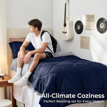 HEVUMYI 5-Piece Twin Comforter Set, Navy Blue & Grey Bed in a Bag