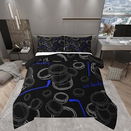 Castle Fairy Ice Hockey King Size Comforter Set,Kids Hockey Player Decor All Season Bedding Set,Teens Winter Sports Games Comforter,Blue Black White Decor Quilt Set Bedroom Collection 3Pcs