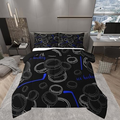Castle Fairy Ice Hockey King Size Comforter Set,Kids Hockey Player Decor All Season Bedding Set,Teens Winter Sports Games Comforter,Blue Black White Decor Quilt Set Bedroom Collection 3Pcs