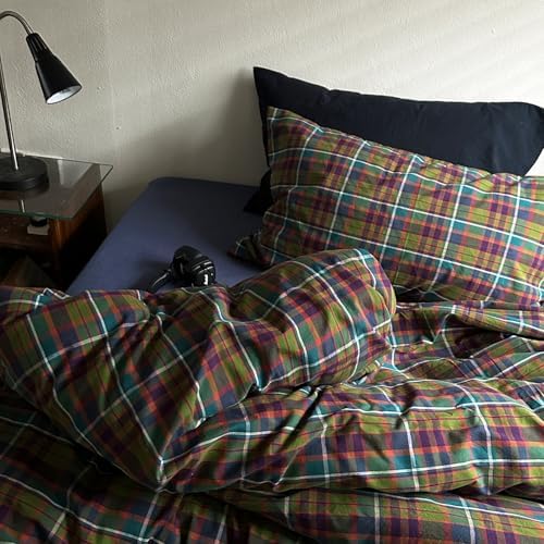 mixinni Vintage Multicolor Gingham Comforter Set King Size - 100% Washed Cotton 3-Piece Retro Plaid Pattern Bedding Set (1 Comforter + 2 Pillowcases), All-Season Lightweight & Breathable