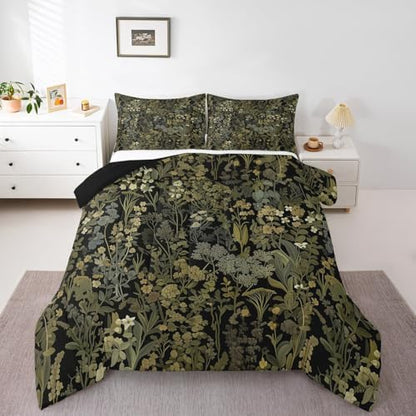 Retro Botanical Comforter Set Queen Size,Dark Green Leaves Bedding Set 3Pcs for Kids Teens Adult Room Decor,Tropical Fern Plants Quilted Duvet Rustic Farmhouse Style Down Comforter,2 Pillowcases