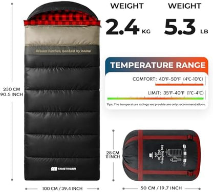 Cotton Flannel XXL Winter Sleeping Bags for Adults Big and Tall,Cold Weather 90x39 Inch Camping Sleep Bag,Waterproof Machine Washable 4 Season Outdoor Camping Gear,2-Way Zipper