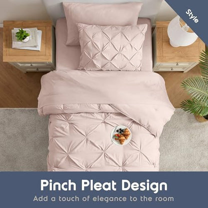 Nestl 7 Piece Twin Comforter Set – Blush Pink Pinch Pleated Bed in a Bag – Complete Twin Size Bedding Set with Sheets, Set of 2 Cooling Pillows, Pillowcase and Sham