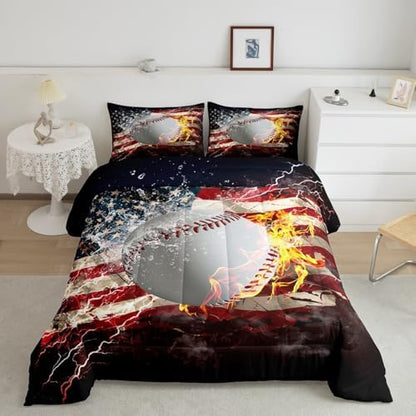Baseball Comforter Set Full Size For Boys Teens, American Flag Bedding Set United States Sports Games Duvet Sets Gold Fire Down Comforter, Usa Federations Stars Stripes Comforter Bedroom Decor
