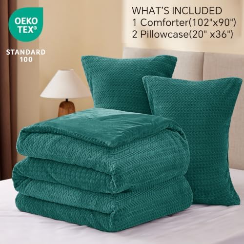 ChiXpace Fleece King Size Comforter Set Teal, Fluffy Bed Set 3 Pieces