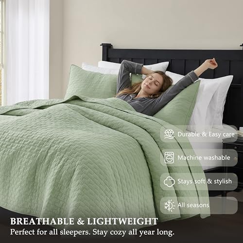 palassio Sage Green 100% Cotton Quilt Twin Size Bedding Sets with 1 Pillow Sham, Textured Lightweight Soft Bedspread Shabby Chic Coverlet, Quilted Thin Comforter Bed Cover for All Season, 2 Pieces