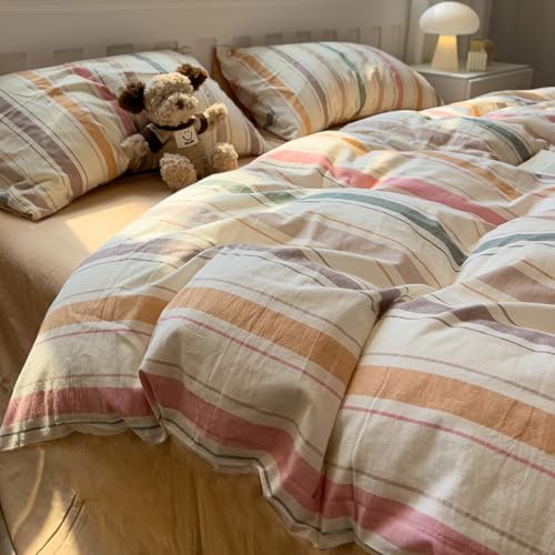 mixinni Vintage Striped Duvet Cover Set Twin XL, 3-Piece 100% Washed Cotton Bedding Set - Soft & Breathable Colorful Comforter Cover with Zipper, All-Season Lightweight Bed Set for Cozy Home