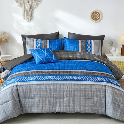 Dintszyayue Blue King Comforter Size Set, 8 Pieces Striped Boho Texture Bed in a Bag Sets, Lightweight Soft Bohemian Comforter and Sheet Set, All Season Microfiber Bedding Sets for Men Women