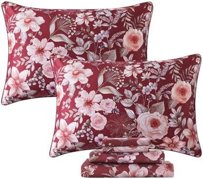 FADFAY Floral Sheets Set Twin XL Vintage Red Floral Bedding Shabby Pink Rose Elegant Peony Sheets Farmhouse Bedding 800 Thread Count 100% Egyptian Cotton Deep Pocket Fitted Sheet 4Pcs, Twin XL Size