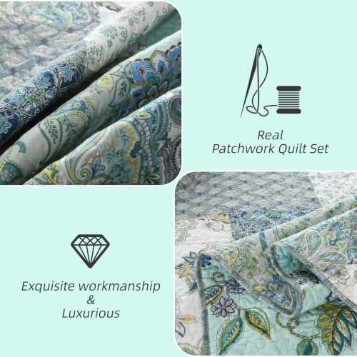 Yvooxny 3-Piece Quilt Set Queen Size Patchwork Paisley Turquoise Floral