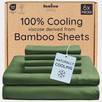 Bambaw 100% Viscose Derived from Bamboo Sheets King Size Set – 6pcs Set of Cooling Sheets for Hot Sleepers, Fits Up to 16'' Mattresses, Super Soft & Luxury Bedding Sets King (Olive)
