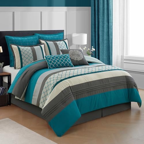 LANCO MODERN LIFESTYLE Queen Comforter Set, Gray Bedding Set, Jacquard Woven with Embroidery, 8 Pieces Bed in a Bag, Bed Skirt, Shams and Decorative Pillows