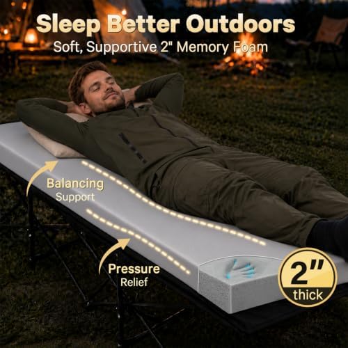 CYMULA Camping Cot Pad 2 Inch Memory Foam, Pad Only,Camping Pad for Folding Cot and Foldable Cot, Portable Roll Up Camp Gear for Car Camping Travel Tent, Non-Slip Waterproof Bottom, Removable Cover